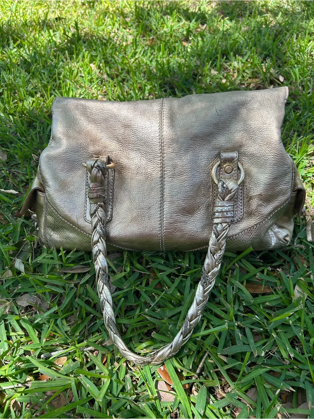 Francesco Biasia Metallic Gold Braided-Handle Large Satchel 100% Leather